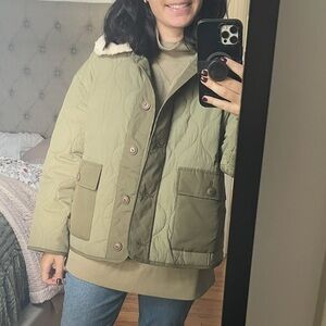 Old Navy Sage Green Quilted Nylon Jacket with Faux Sherpa Collar